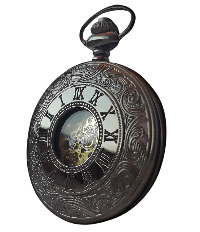 Ornate vintage black pocket watch with Roman numerals and intricate scrollwork, symbolizing GEHA's traditional ecclesiastical approach to wellness