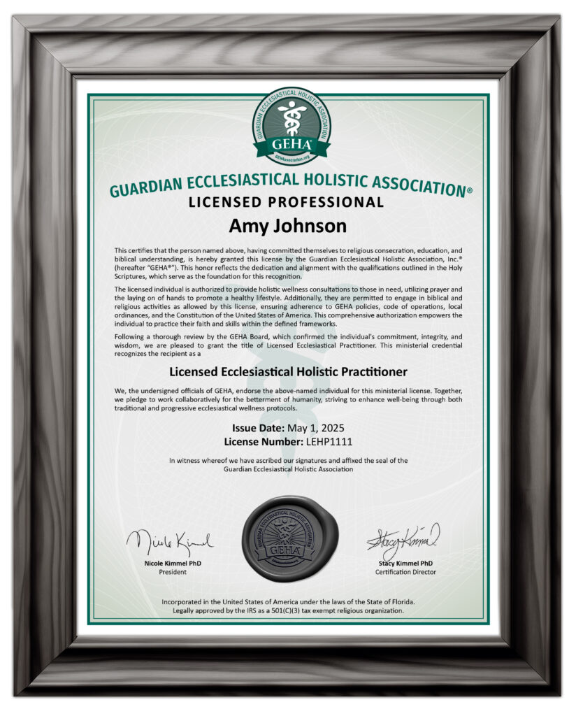 Official GEHA certificate with green border featuring organization logo, professional licensing details, and official seals and signatures