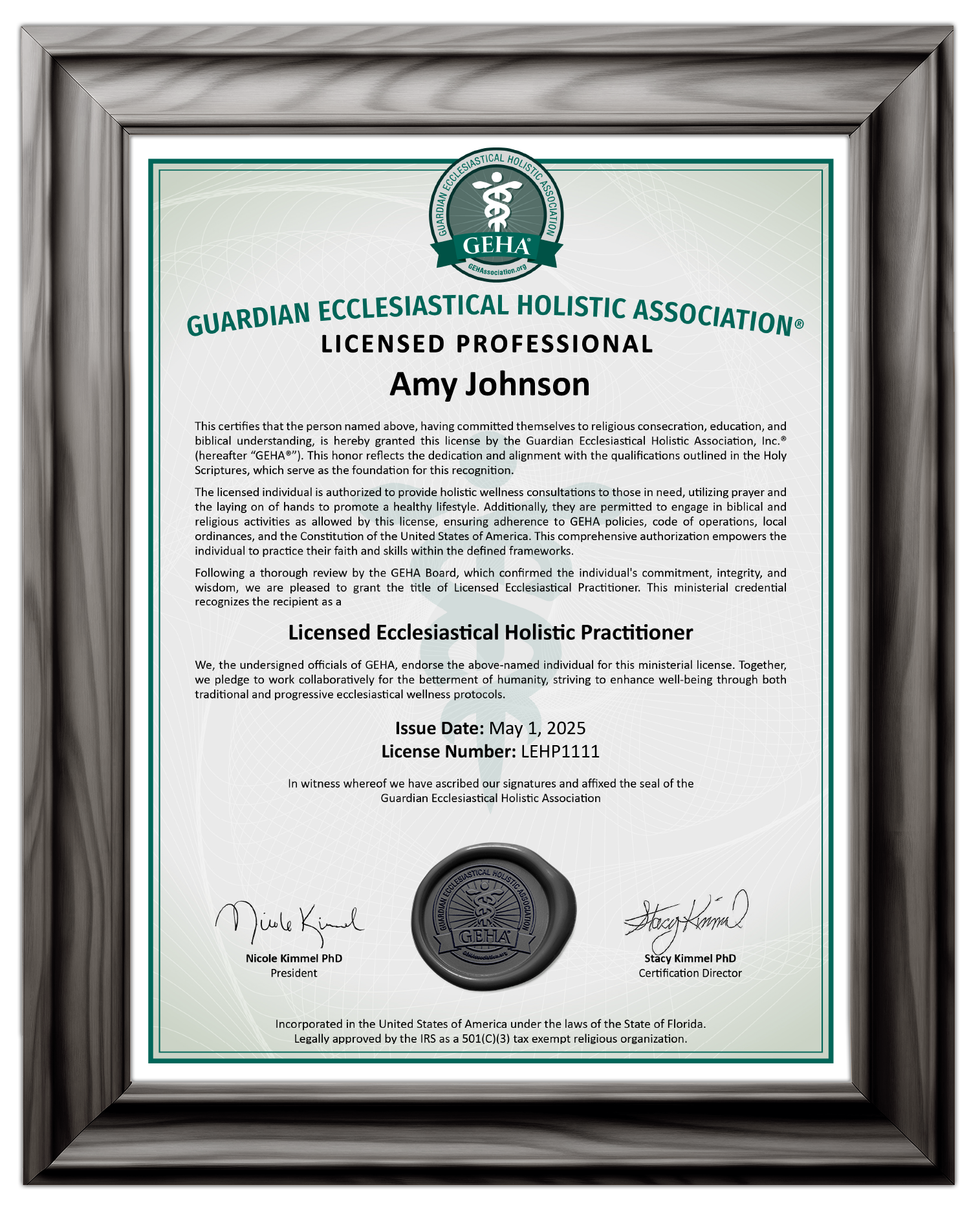 Official GEHA certificate with green border featuring organization logo, professional licensing details, and official seals and signatures