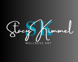 Signature-style logo with 'Stacy Kimmel' in white and teal text and 'Wellness Art' tagline on dark gradient background