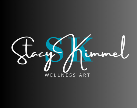 Stacy Kimmel Wellness Art Logo Signature-style logo with 'Stacy Kimmel' in white and teal text and 'Wellness Art' tagline on dark gradient background