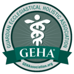 GEHA Guardian Ecclesiastical Holistic Association official logo with caduceus symbol and radiating light