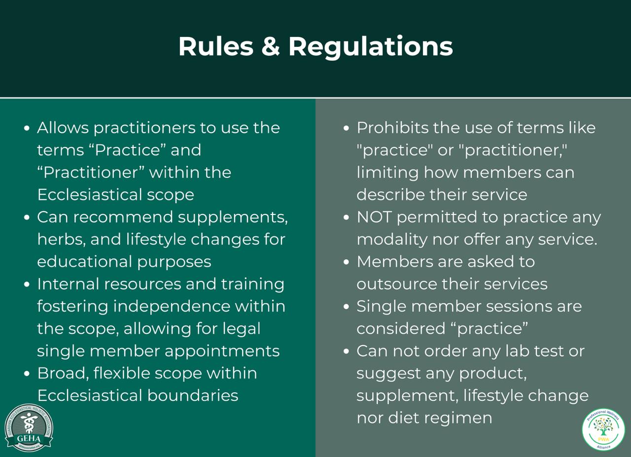 GEHA Ecclesiastical Practice Guidelines and Scope - Rules & Regulations Comparison of GEHA's ecclesiastical practice guidelines highlighting permitted activities within constitutional rights versus restricted practices for holistic wellness services