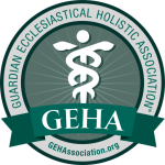 GEHA Guardian Ecclesiastical Holistic Association official logo with caduceus symbol and radiating light