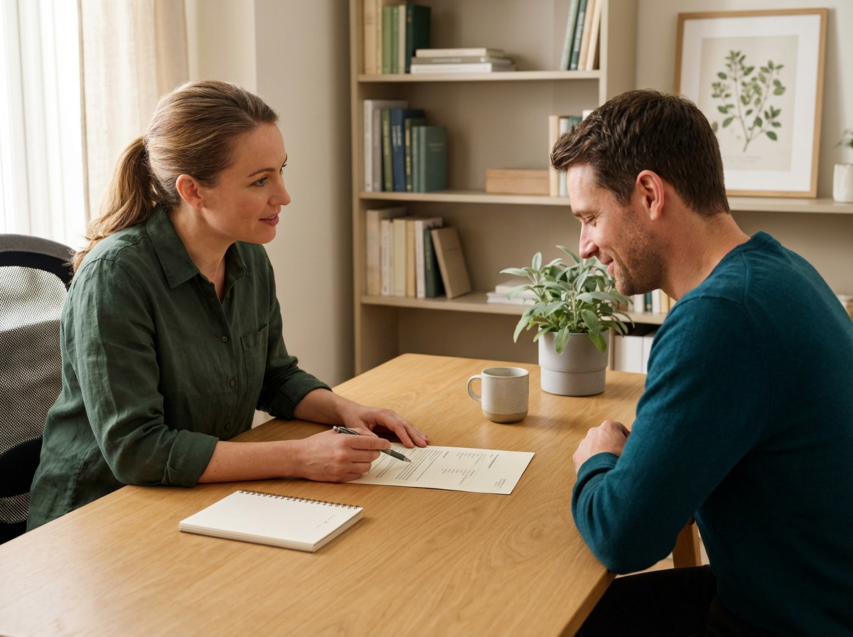 Natural wellness practitioner reviewing agreement with client for ecclesiastical licensing framework