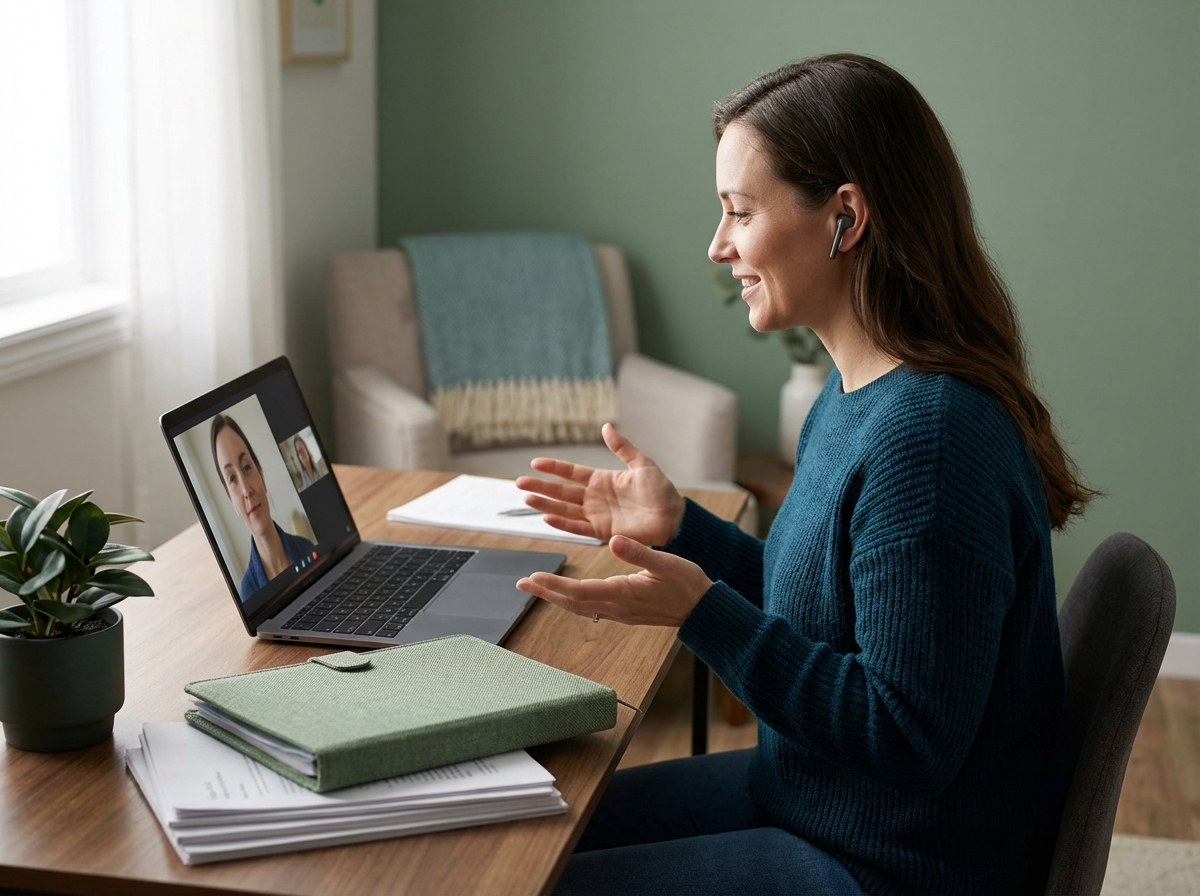 Natural wellness practitioner conducting virtual session supported by ecclesiastical licensing