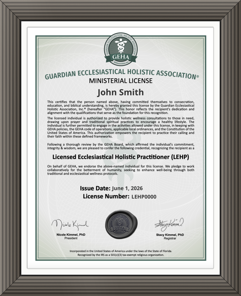 Official GEHA certificate with green border featuring organization logo, professional licensing details, and official seals and signatures