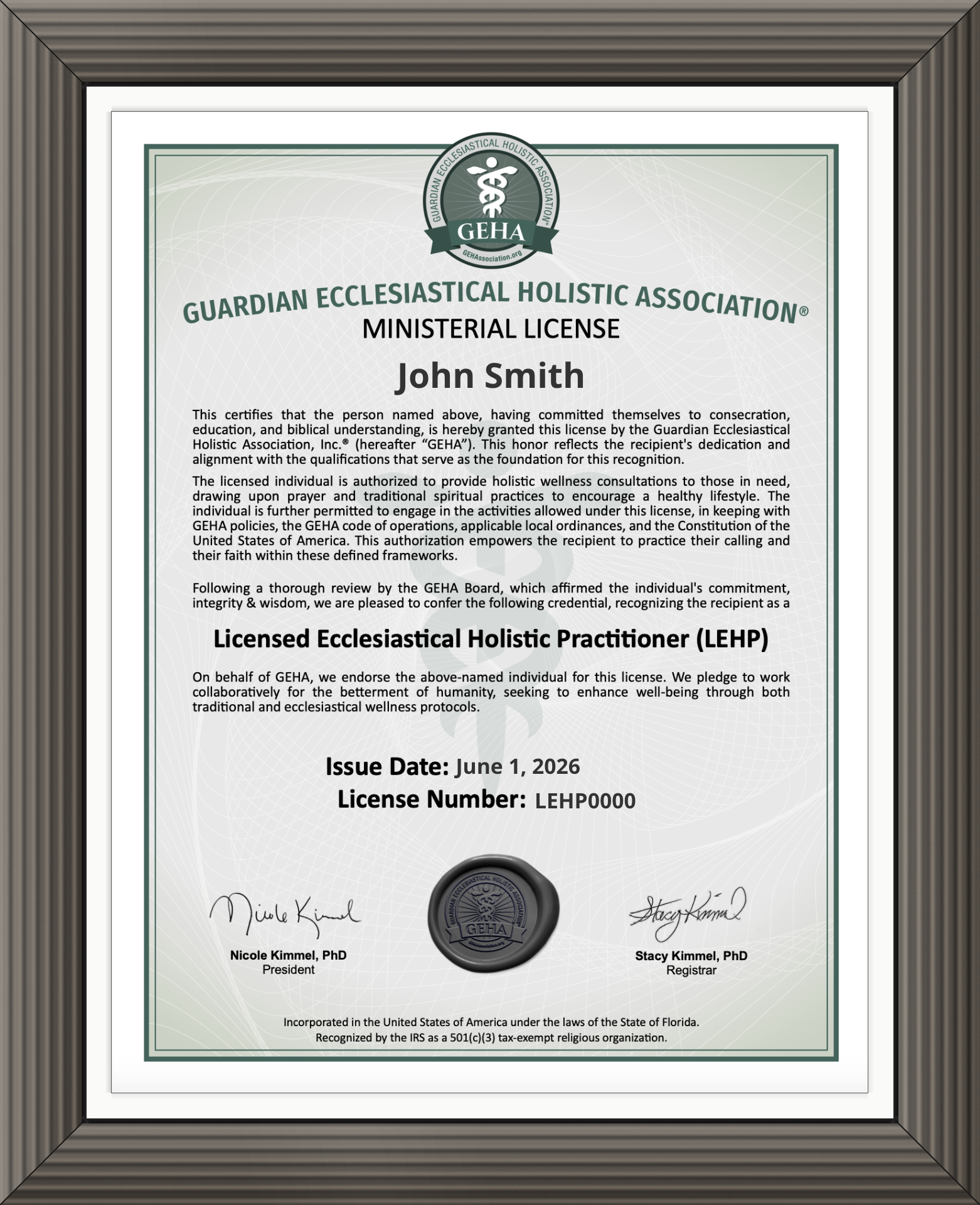 Official GEHA certificate with green border featuring organization logo, professional licensing details, and official seals and signatures