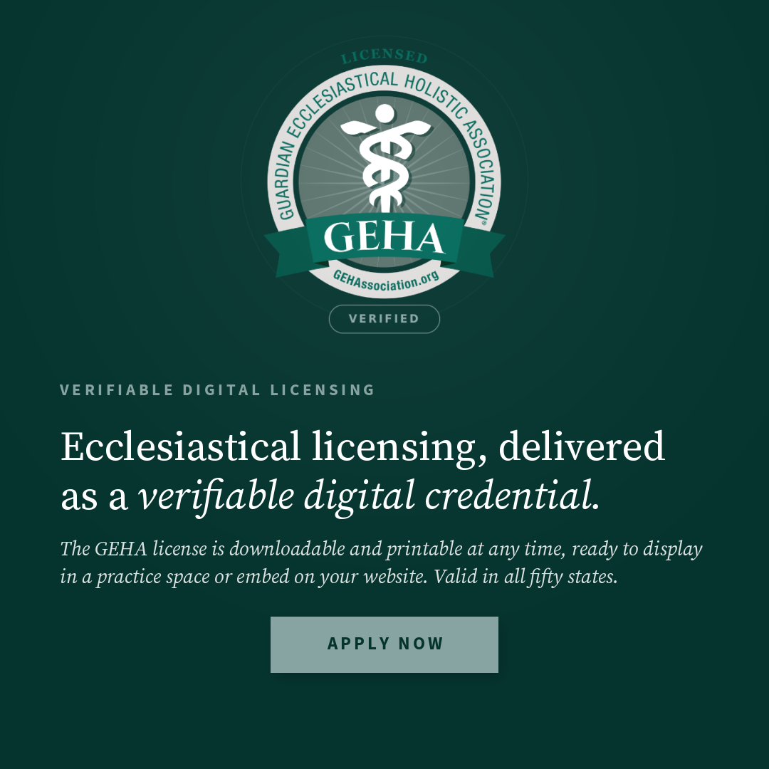 Verified GEHA ecclesiastical holistic practitioner license displayed as a digital credential.