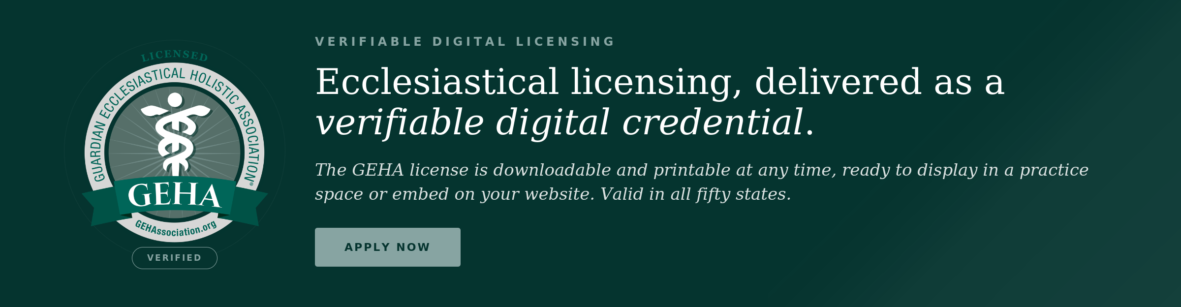 GEHA ecclesiastical holistic practitioner license displayed as a verified digital credential.